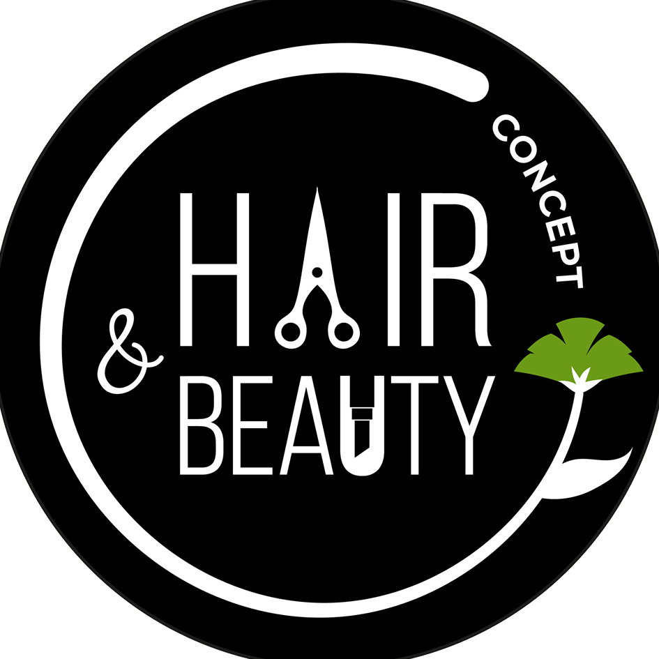 Logo Hair & Beauty Concept z nożyczkami i liściem miłorzębu